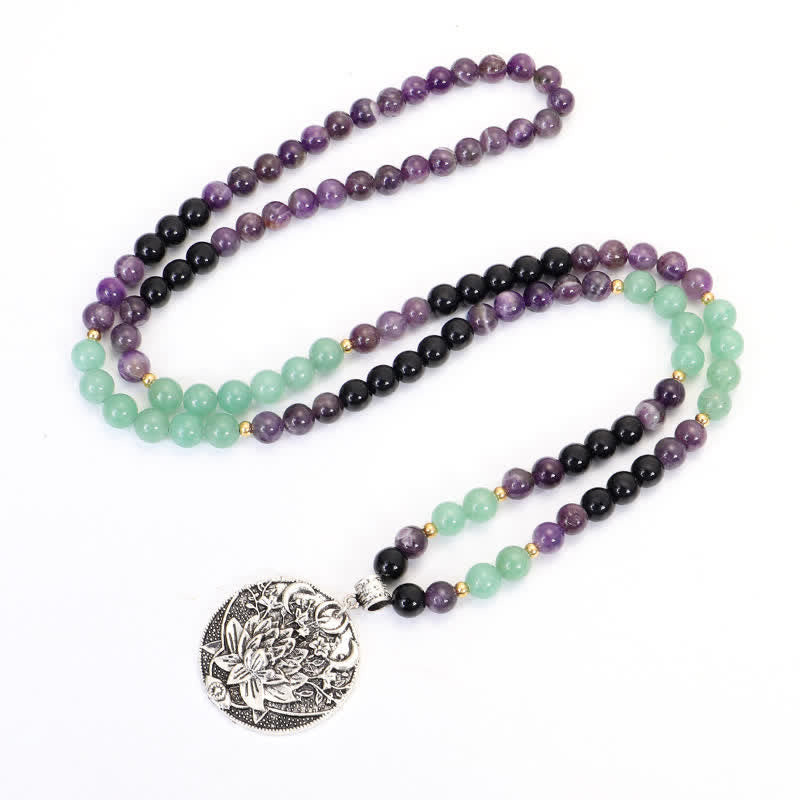 Amethyst Aventurine Lotus Mala - Gemstone mala necklace with lotus pendant on white, crystal healing