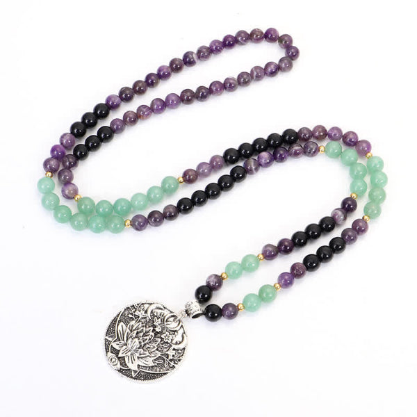 Amethyst Aventurine Lotus Mala - Gemstone mala necklace with lotus pendant on white, crystal healing