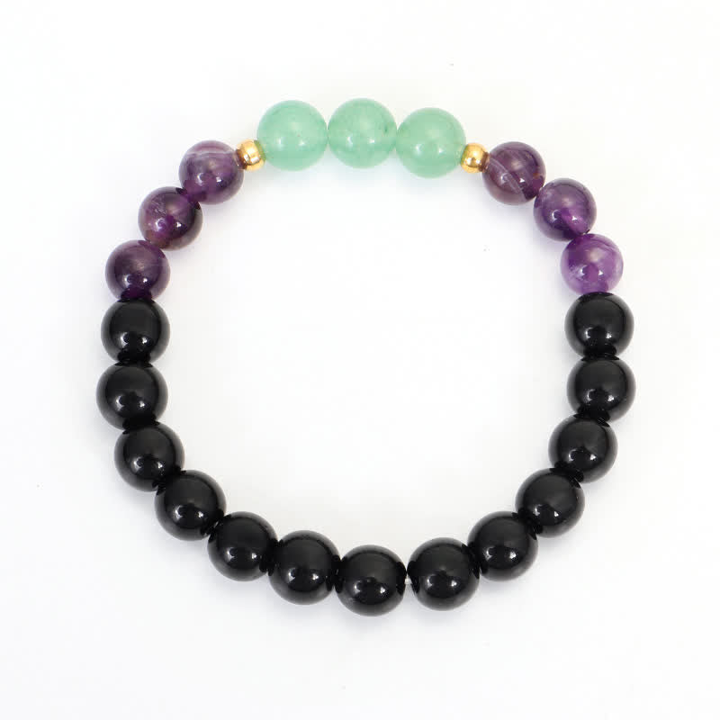 Amethyst Aventurine Lotus Mala - Black onyx amethyst aventurine stretch bracelet on white, chakra jewelry