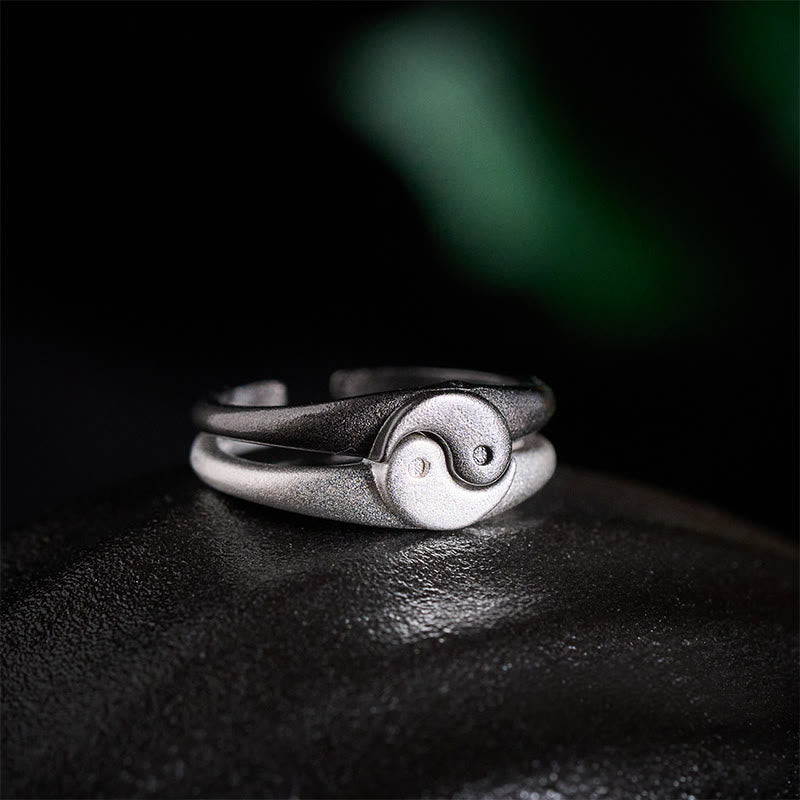 Yin Yang Copper Ring - Adjustable open-band ring with oxidized yin-yang center, matte silver spiritual ring