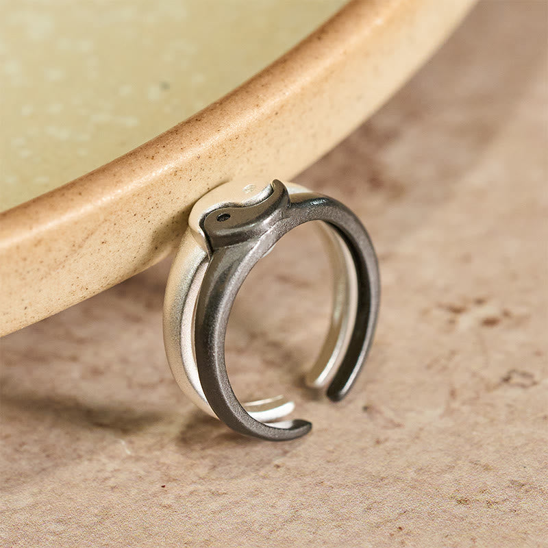 Yin Yang Copper Ring - Open cuff ring with dual-tone bands on ceramic plate, adjustable silver ring
