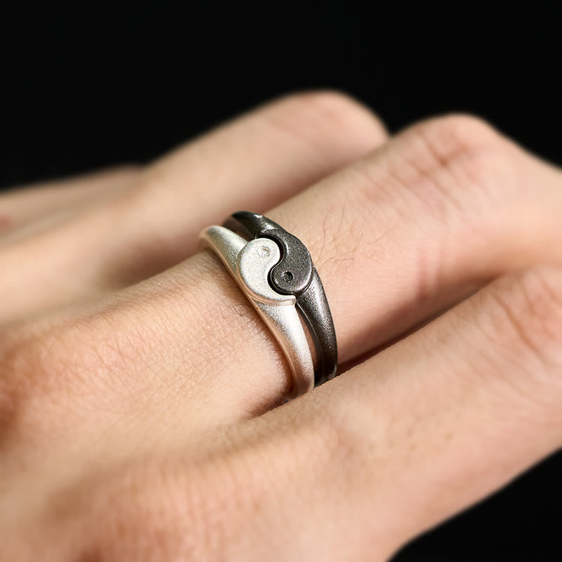 Yin Yang Copper Ring - Two stacked rings on hand forming yin-yang symbol, brushed silver harmony ring