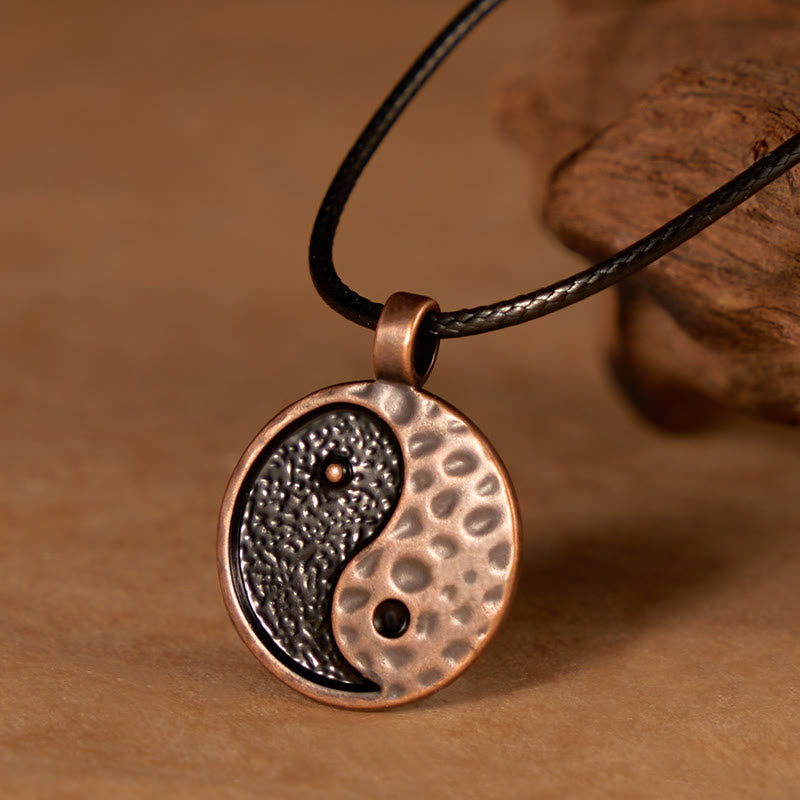 Vintage Yin Yang Necklace - oxidized copper pendant on dark leather cord with wood props, mens
