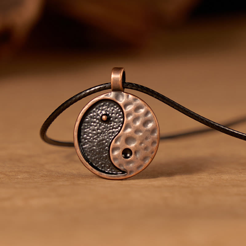 Vintage Yin Yang Necklace - copper yin yang pendant with hammered finish on leather, zen jewelry