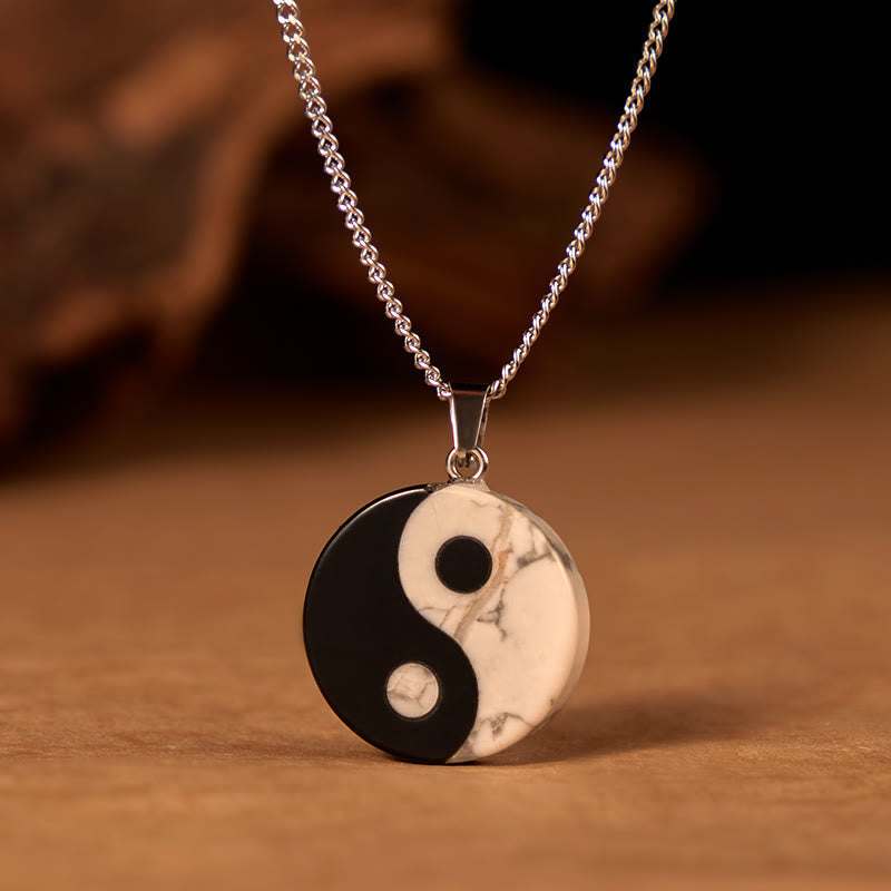 Yin Yang Obsidian Necklace - black and white stone pendant on silver chain, spiritual jewelry