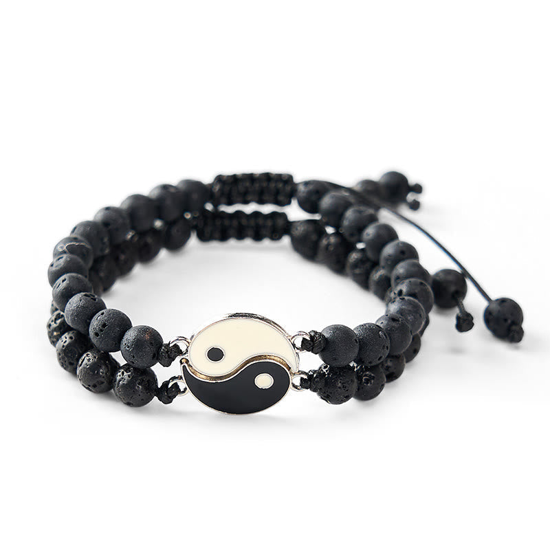 Hematite Lava Rock Yin Yang Bracelet - Matching bracelet pair on white, adjustable cord couples yin-yang set