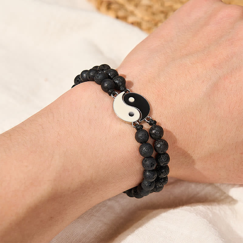 Hematite Lava Rock Yin Yang Bracelet - Volcanic stone bracelet with silver yin-yang on dark slate, mens bracelet