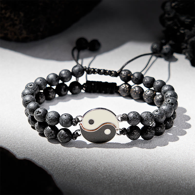 Hematite Lava Rock Yin Yang Bracelet - Pair of matching yin-yang beaded bracelets on white, friendship set