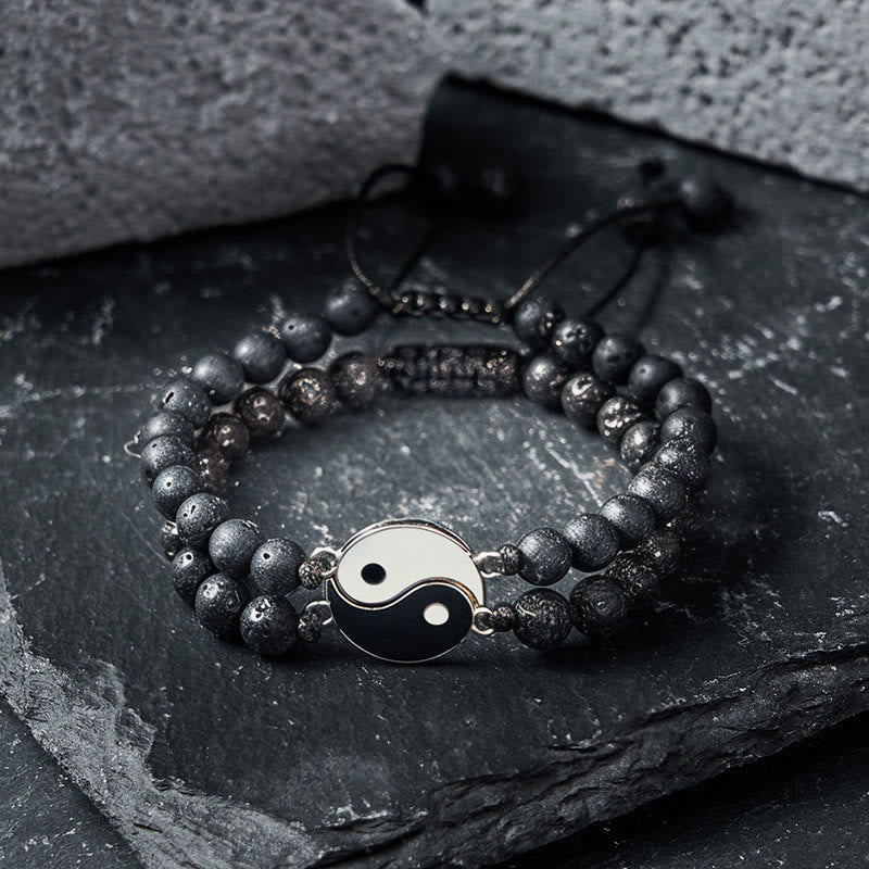Hematite Lava Rock Yin Yang Bracelet - Lava stone bracelet with yin-yang charm on gray stone, diffuser bracelet