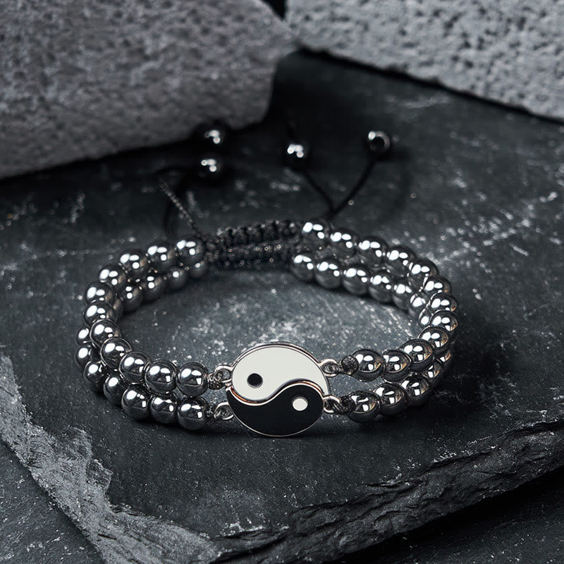 Hematite Lava Rock Yin Yang Bracelet - Polished silver beads with yin-yang center on slate, mens bracelet