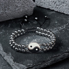 Hematite Lava Rock Yin Yang Bracelet - Polished silver beads with yin-yang center on slate, mens bracelet