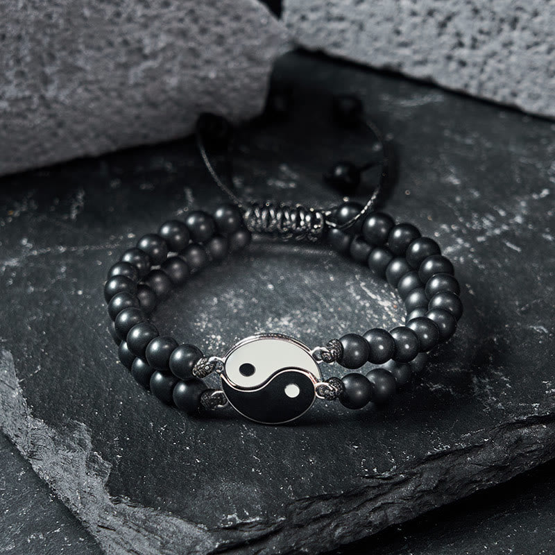 Hematite Lava Rock Yin Yang Bracelet - Matching couple bracelets with split yin-yang charms, matte lava beads