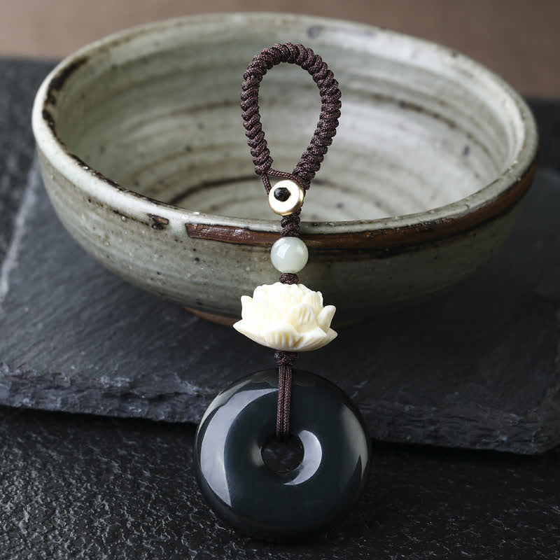 Rainbow Obsidian Lotus Peace Buckle Keychain - hanging pendant with jade bead and obsidian, zen decor
