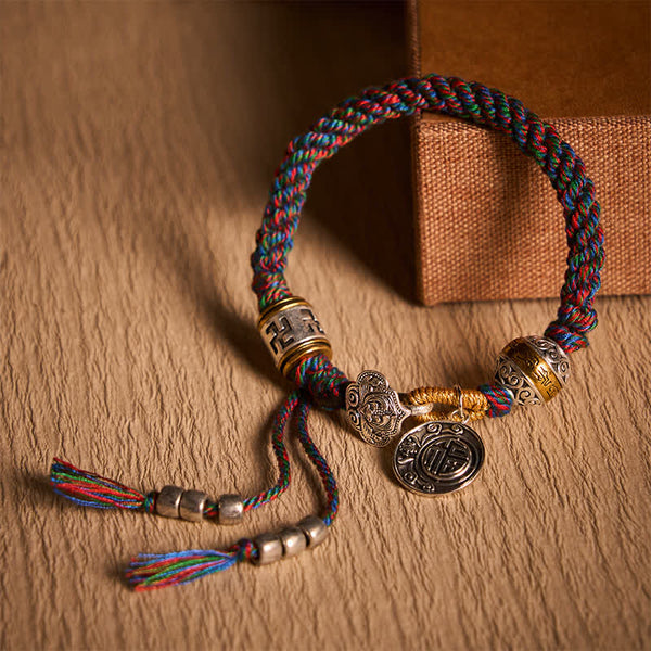 Fu Swastika Rope Bracelet - Red braided Chinese lucky bracelet with silver fortune charm and tassel closure on gift box, good luck jewelry