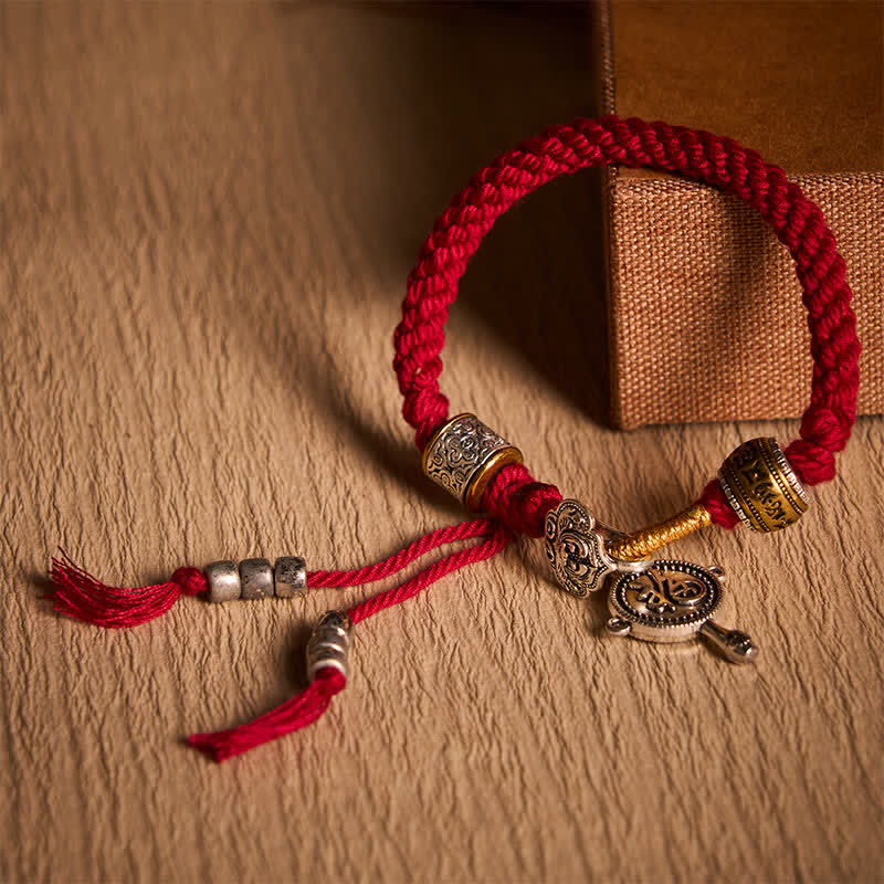 Fu Swastika Rope Bracelet - Tibetan braided cord bracelet with rainbow threads and silver fortune amulet with deer pendant, ethnic charm bracelet
