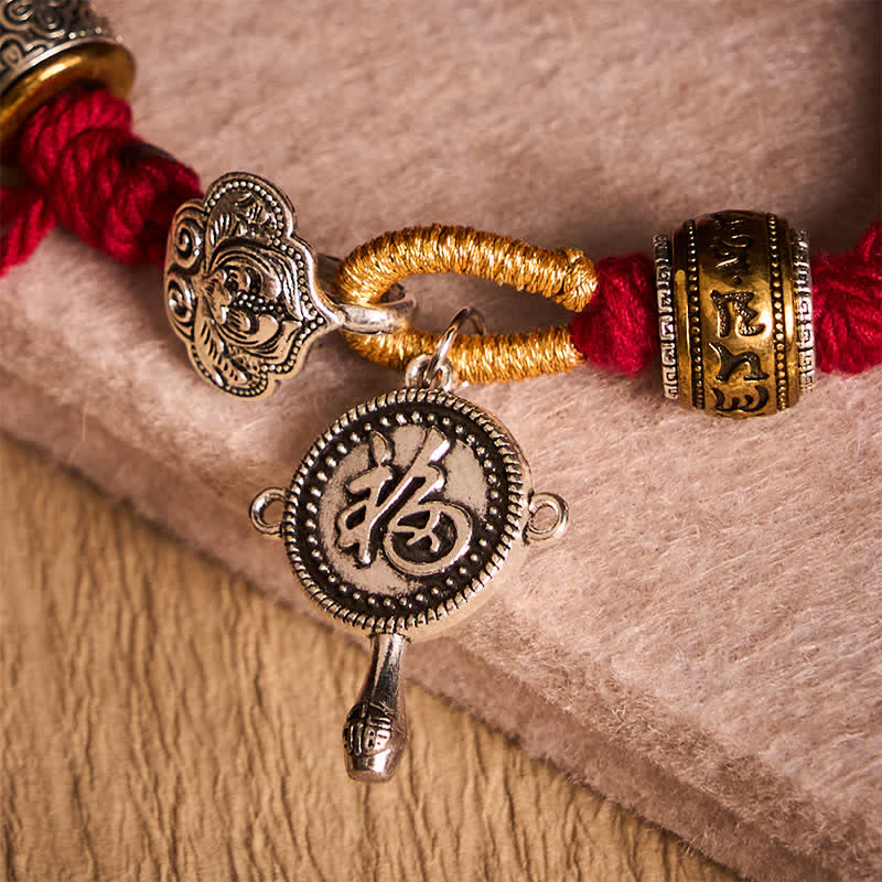 Fu Swastika Rope Bracelet - Tibetan Buddhist braided bracelet with rainbow threads, silver fortune deer charm and blessing symbol on stone wood, boho jewelry