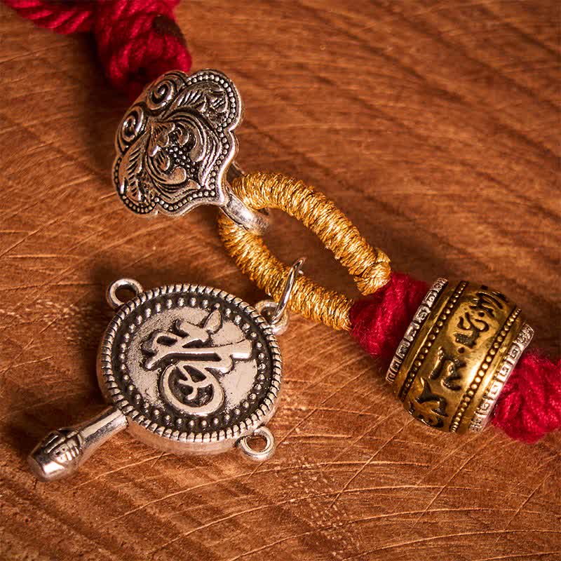 Fu Swastika Rope Bracelet - Tibetan braided cord bracelet with silver fortune deer pendant on brass singing bowl, multicolor adjustable bracelet