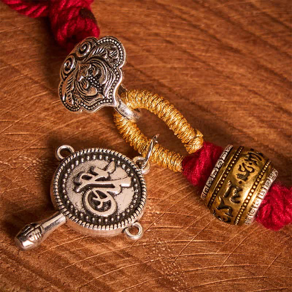 Fu Swastika Rope Bracelet - Tibetan braided cord bracelet with silver fortune deer pendant on brass singing bowl, multicolor adjustable bracelet