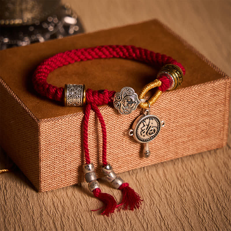 Fu Swastika Rope Bracelet - Traditional red cord bracelet with antique silver gold charms and prayer pendant worn on wrist, spiritual jewelry