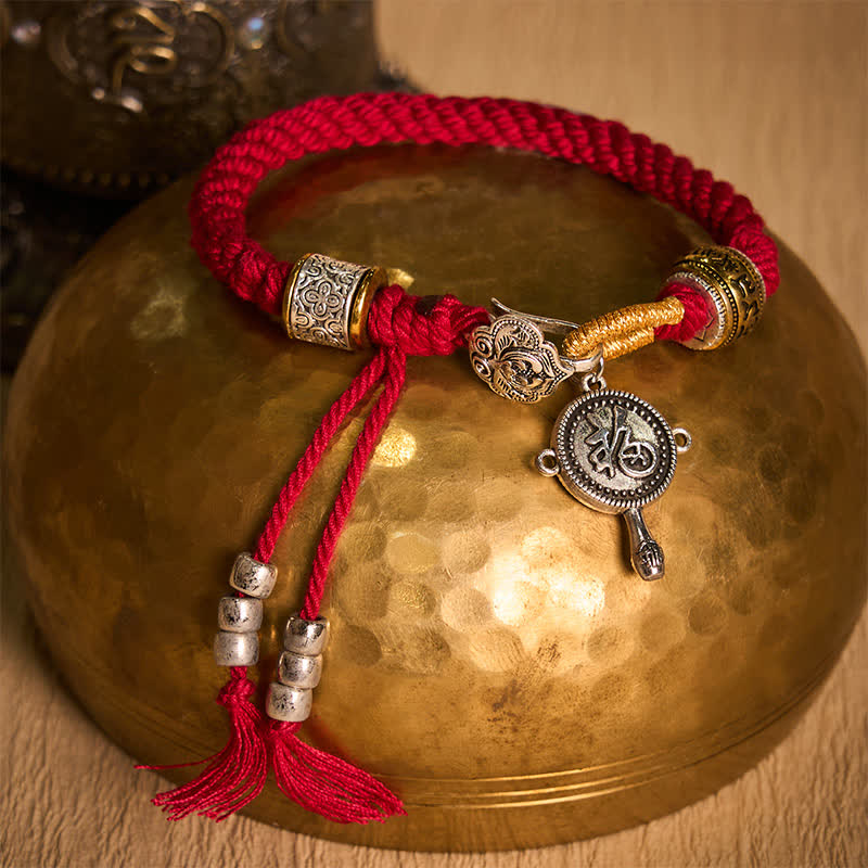 Fu Swastika Rope Bracelet - Close-up Chinese red string bracelet with silver Fu fortune charm, gold beads and cloud connector, vintage jewelry