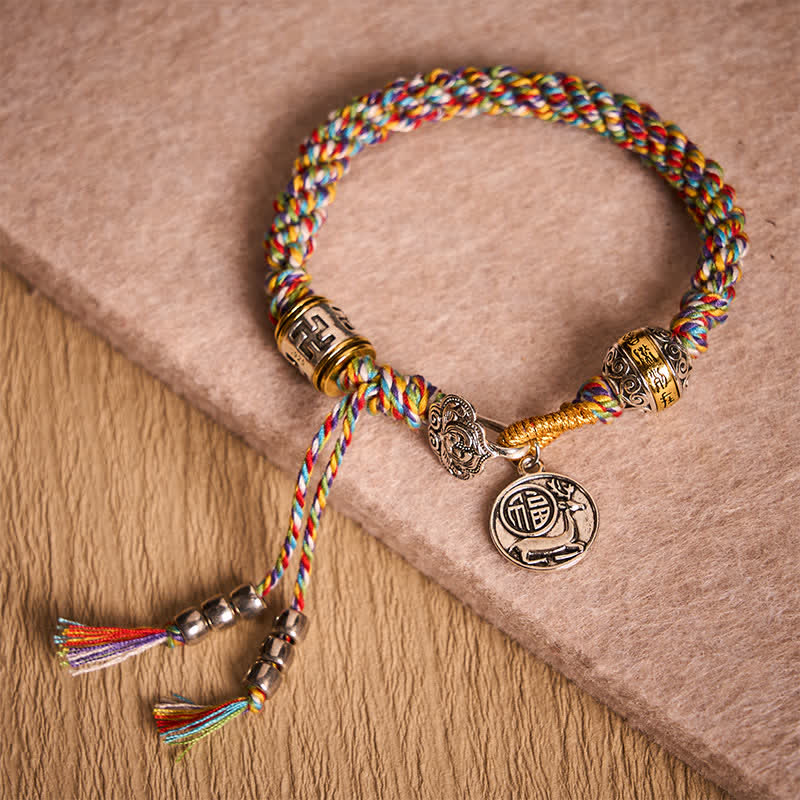 Fu Swastika Rope Bracelet - Tibetan Buddhist charm bracelet with silver ruyi scepter, deer pendant and mantra bead on rainbow cord, spiritual jewelry