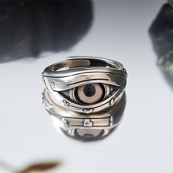 Dzi Evil Eye Ring – Silver ring with anatomical evil eye, cream iris and black pupil, open band