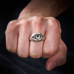 Dzi Evil Eye Ring – Copper adjustable ring with realistic evil eye worn on finger, spiritual jewelry