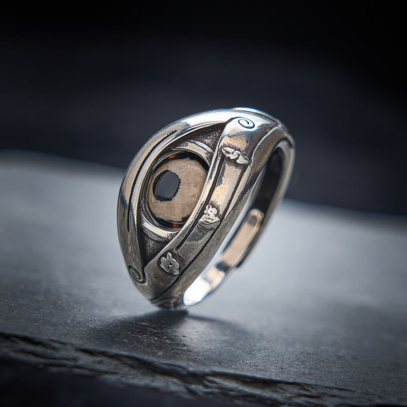 Dzi Evil Eye Ring – Silver oxidized ring with dzi bead center and embossed mantra symbols, talisman