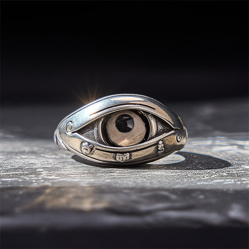 Dzi Evil Eye Ring – Gothic silver evil eye ring with black gemstone pupil and engraved sigils