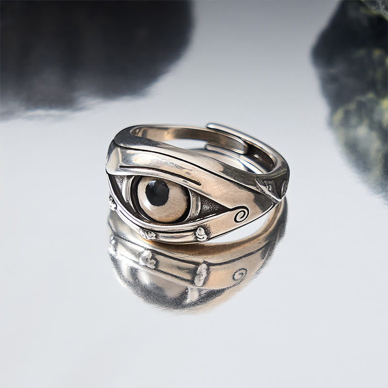 Dzi Evil Eye Ring – Antique copper ring with evil eye bead and engraved scroll motifs, adjustable band