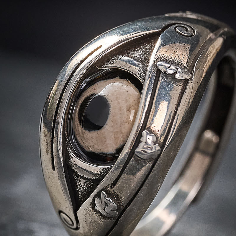 Dzi Evil Eye Ring – Close-up silver ring with dzi eye stone and Tibetan auspicious symbols, 925