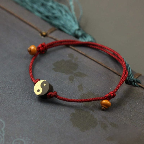 Ebony Yin Yang String Bracelet – black white yin yang bead with teal tassel, cord bracelet
