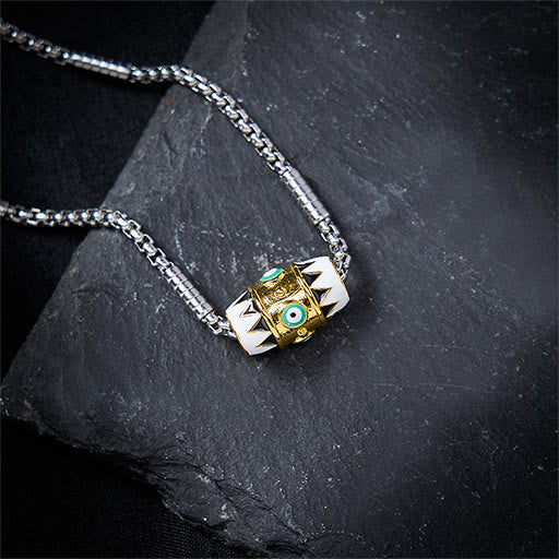 Evil Eye Pendant Necklace – Copper enamel barrel bead with turquoise nazar on dark slate, protection jewelry