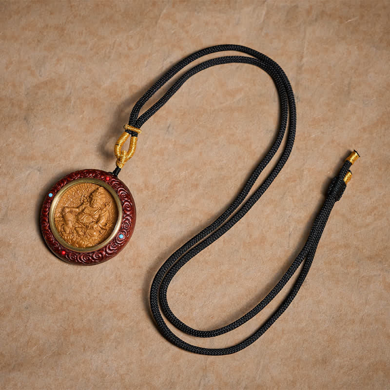 Sandalwood Jambhala Tara Necklace – red sandalwood bead necklace with carved, sandalwood necklace, Jambhala pendant, Tara
