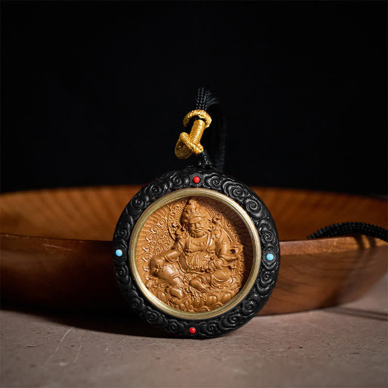 Sandalwood Jambhala Tara Necklace – necklace worn on model with casual outfit, sandalwood necklace, Jambhala pendant, Tara
