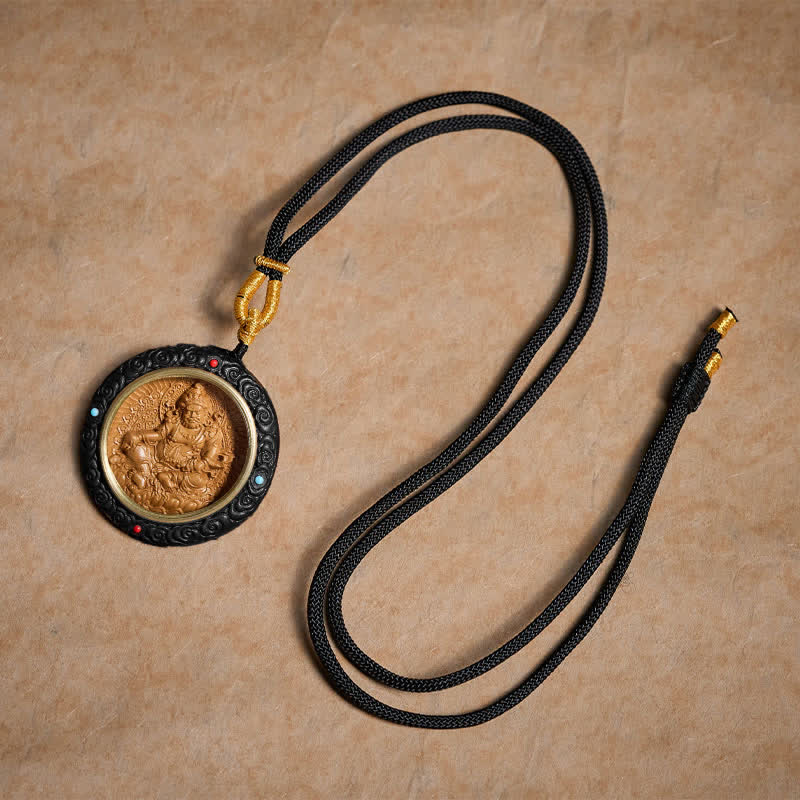 Sandalwood Jambhala Tara Necklace – sandalwood bead strand close-up showing, sandalwood necklace, Jambhala pendant, Tara