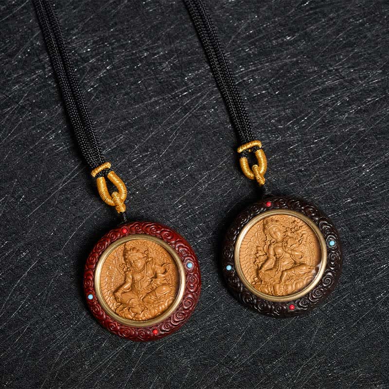 Sandalwood Jambhala Tara Necklace – green Tara in seated posture with lotus and, sandalwood necklace, Jambhala pendant, Tara