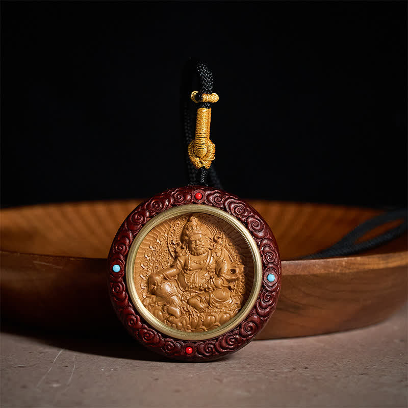 Sandalwood Jambhala Tara Necklace – ebony wood pendant with yellow Jambhala, sandalwood necklace, Jambhala pendant, Tara