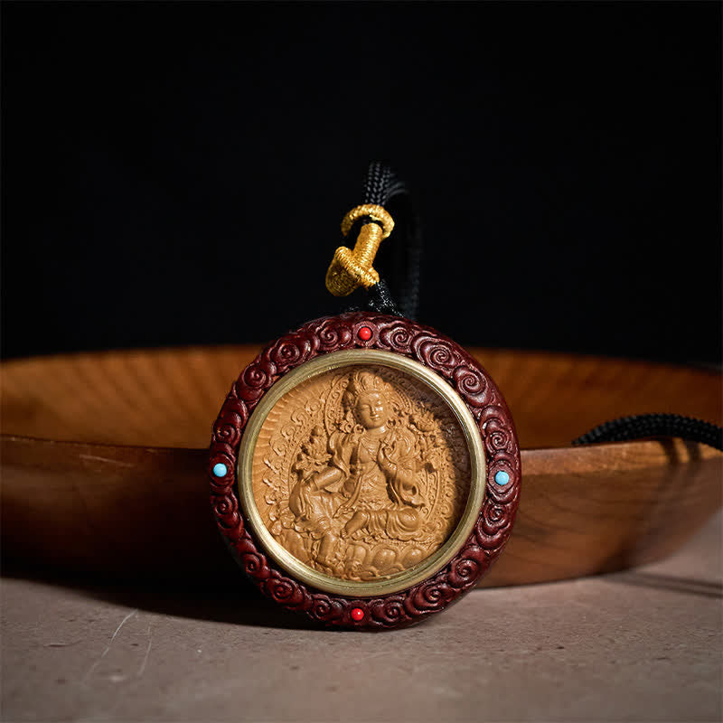 Sandalwood Jambhala Tara Necklace – red sandalwood beads with spacer rings and, sandalwood necklace, Jambhala pendant, Tara