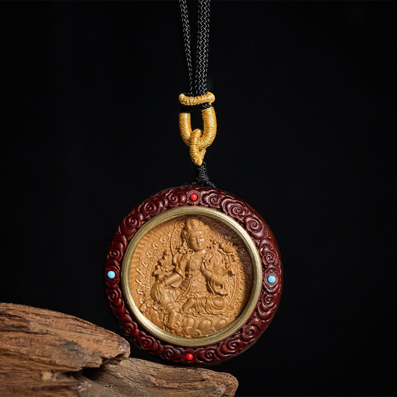 Sandalwood Jambhala Tara Necklace – necklace length measurement showing, sandalwood necklace, Jambhala pendant, Tara