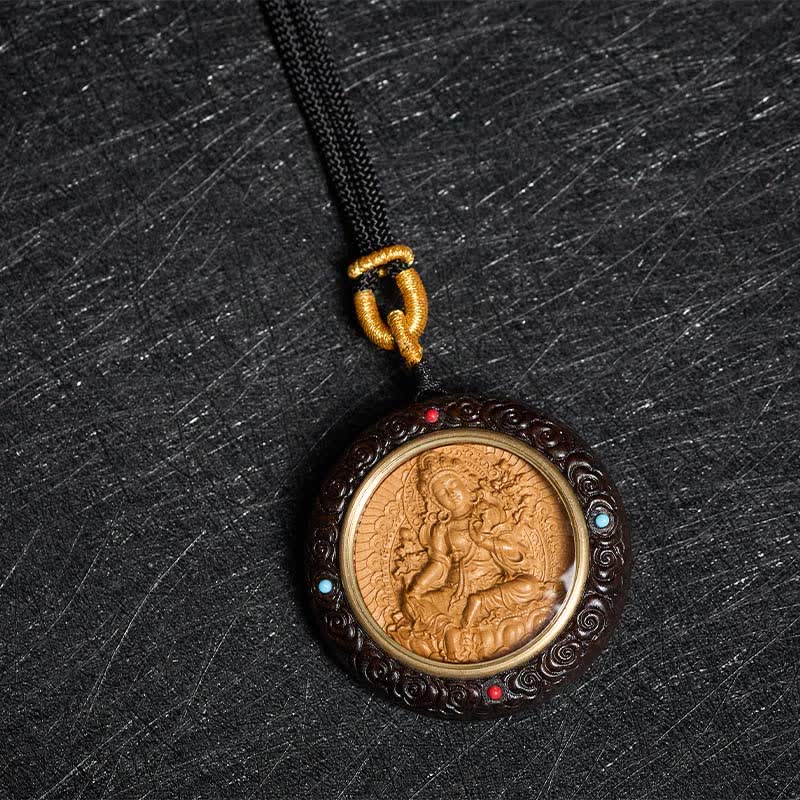 Sandalwood Jambhala Tara Necklace – necklace packaging with certificate and, sandalwood necklace, Jambhala pendant, Tara
