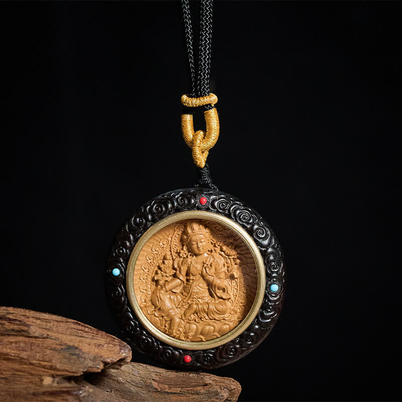 Sandalwood Jambhala Tara Necklace – protection necklace on wooden mannequin, sandalwood necklace, Jambhala pendant, Tara