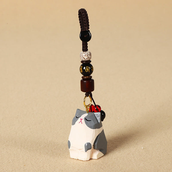 Wood Cat Keychain - Gray cat with red apple charm on head, mantra bead, Bodhi seed pendant