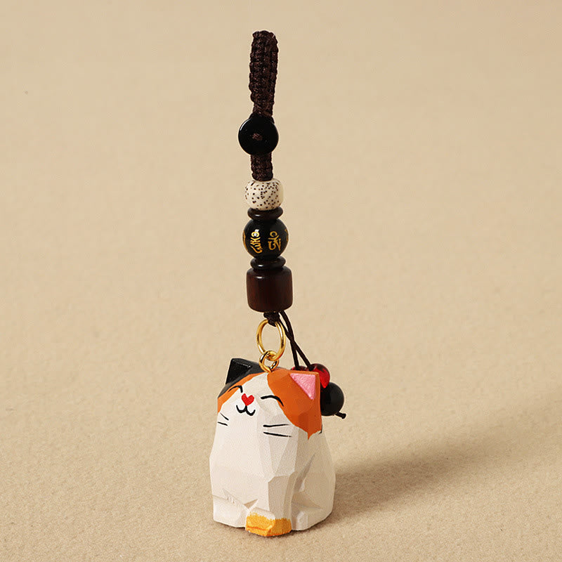 Wood Cat Keychain - Calico cat with orange patches and gold mantra bead, seed bead, artisan charm