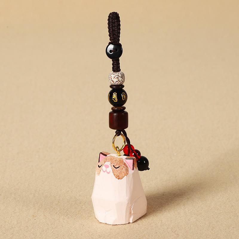 Wood Cat Keychain - Pink cream cat with gold inscribed bead, natural seed bead, whimsical charm