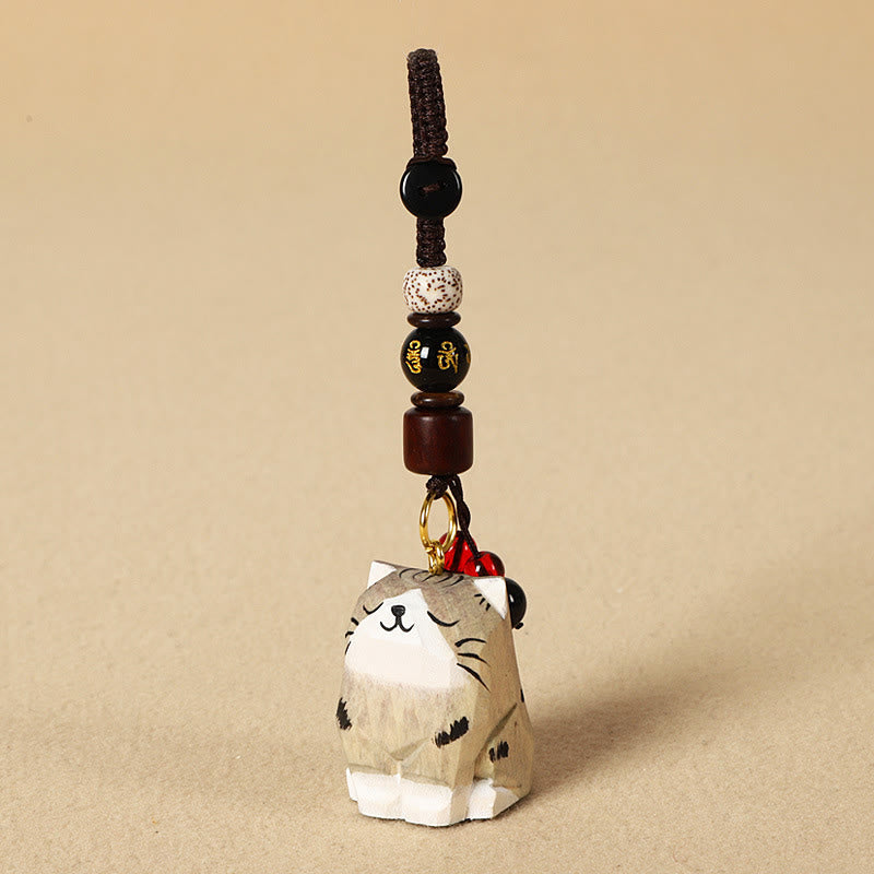 Wood Cat Keychain - Gray and white cat with gold mantra bead, Bodhi seed, red accent bead