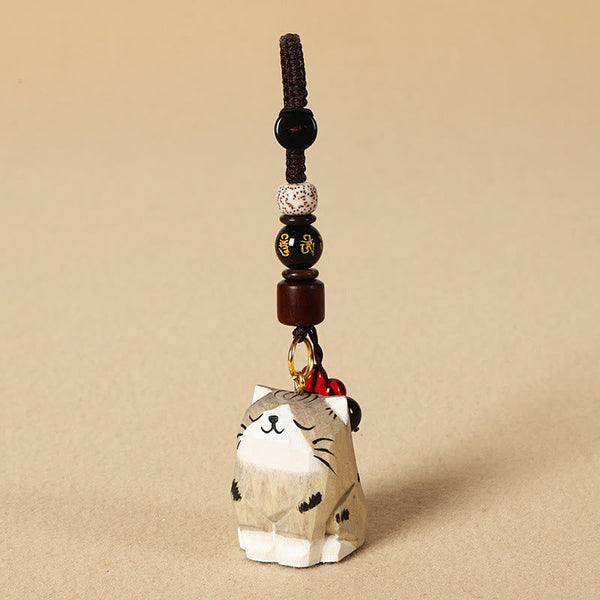 Wood Cat Keychain - Gray and white cat with gold mantra bead, Bodhi seed, red accent bead