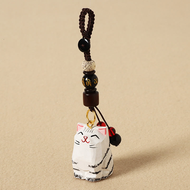 Wood Cat Keychain - White tabby cat with black stripes, gold mantra bead, seed bead, red bells