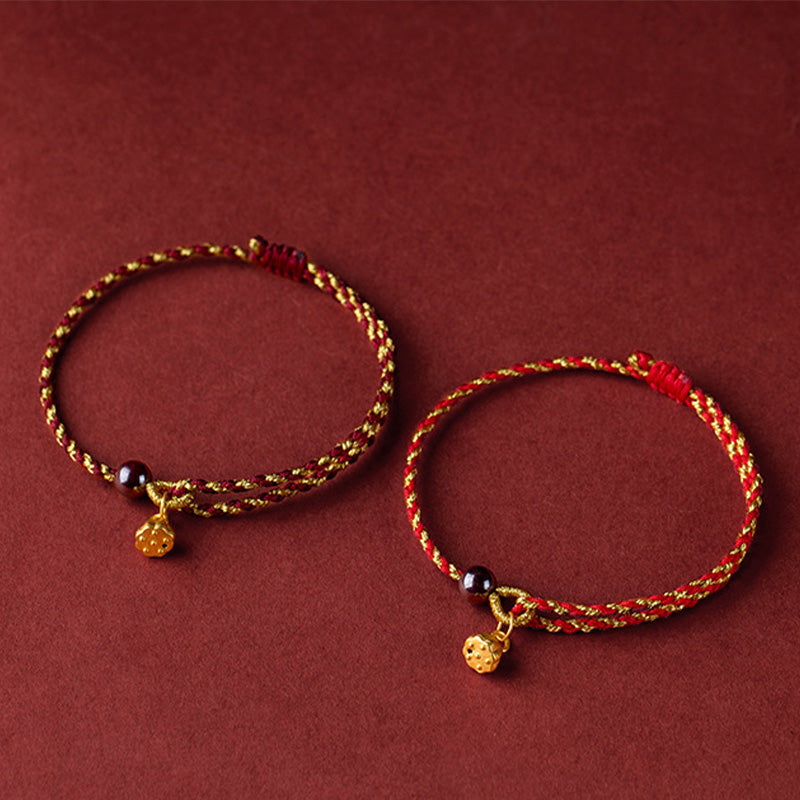 Red Gold Rope Lotus Braid Bracelet - dual color variant pair side by side, lucky cord bracelet