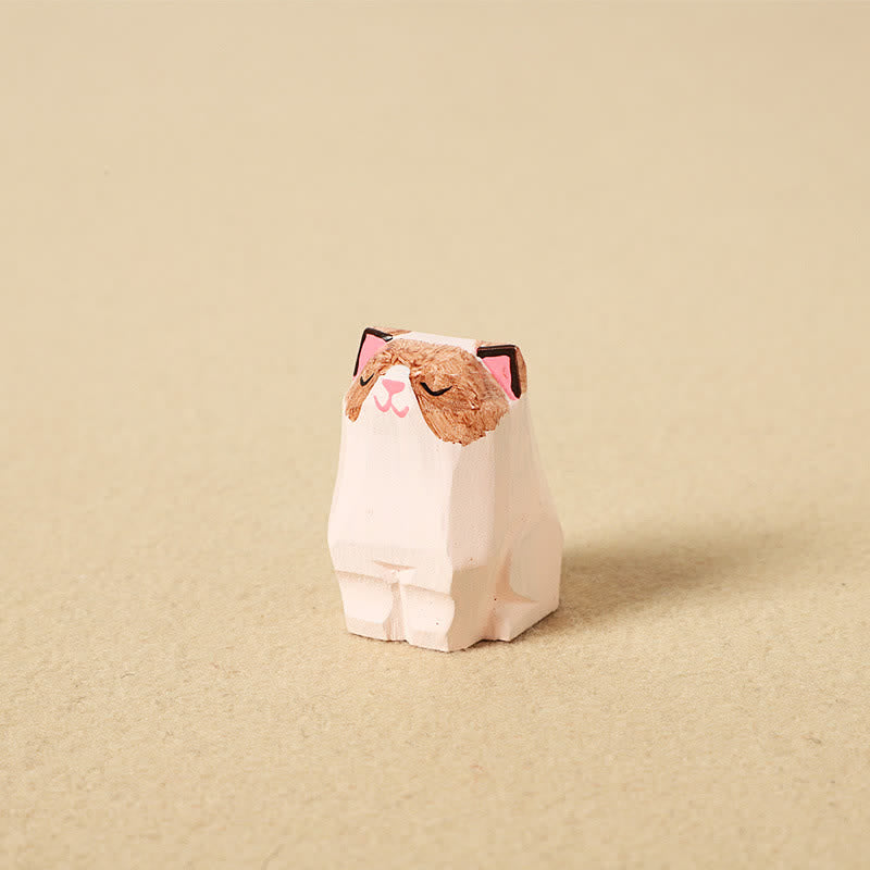 Wood Cat Keychain - Close-up of white colorpoint cat figurine with pink nose, hand-carved detail